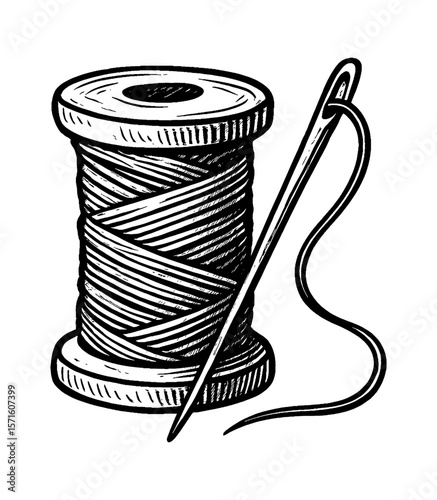 Detailed Black and White Illustration of a Thread Spool with Needle for Sewing