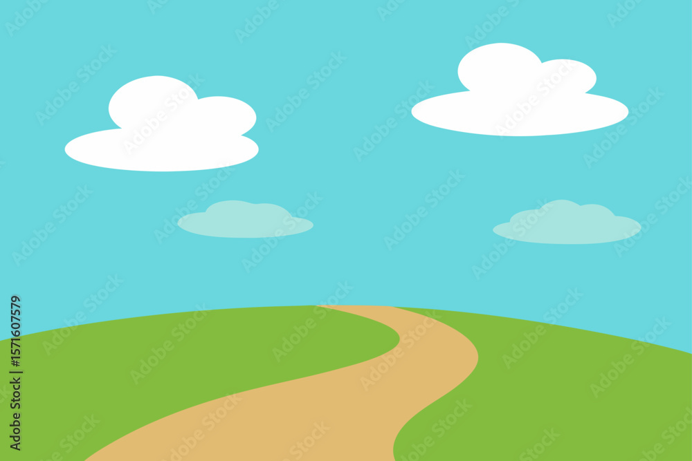 Fototapeta premium Wide Grassland Plain With Trail And Clouds In Silhouette
