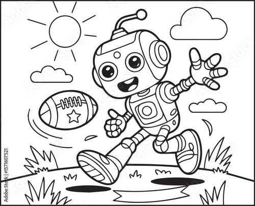 Robot coloring page for kids, cheerful robot playing football black line art vector illustration for children coloring book design