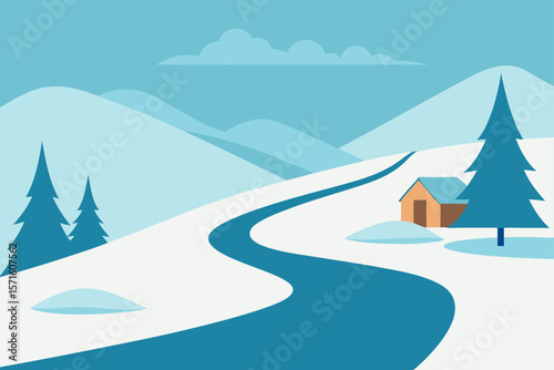 Wintery Countryside With A Winding Snow Covered Road