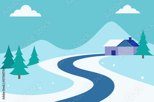 Wintery Countryside With A Winding Snow Covered Road