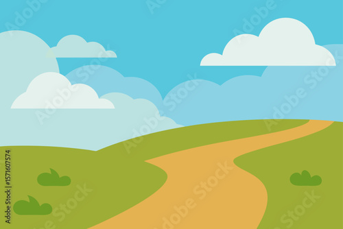 Wide Grassland Plain With Trail And Clouds In Silhouette
