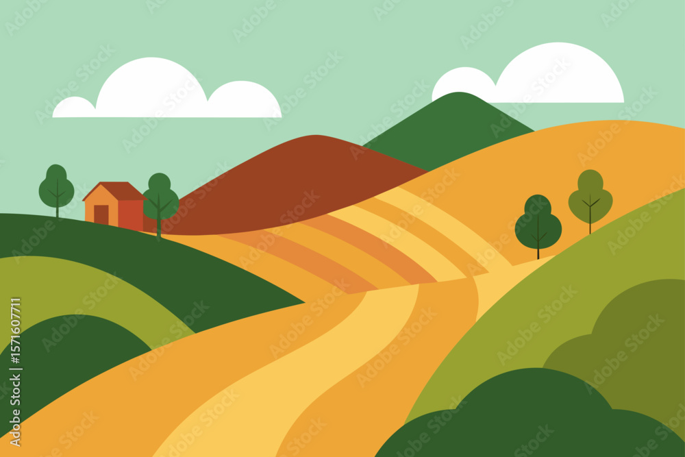 Obraz premium Soft Hills With Small Layered Farms And Dirt Road