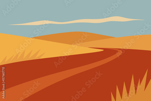 Steppe Region With Dry Grass Fields And Faint Trail