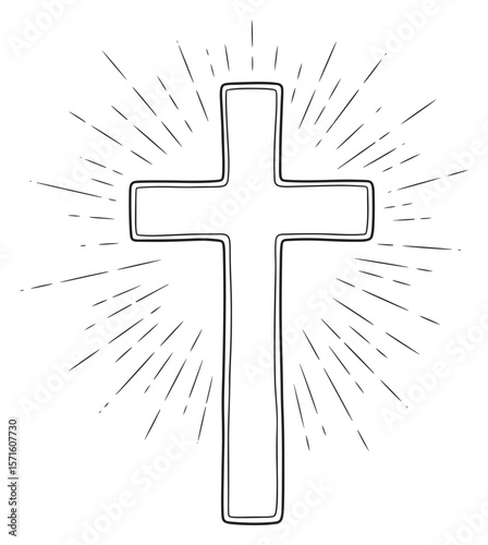 Simple Line Art Illustration of a Christian Cross with Sunburst Rays