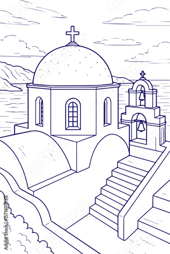 Greek church with dome and bell tower by the sea in line art