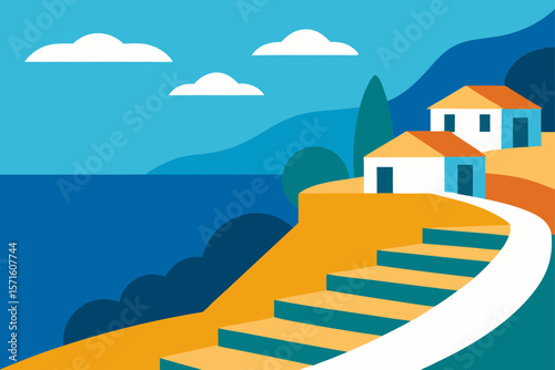 Seaside Village Path With Terraced Slopes And Ocean Background