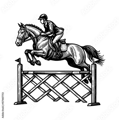 Equestrian sport horse jumping over hurdle in vintage engraving black and white illustration