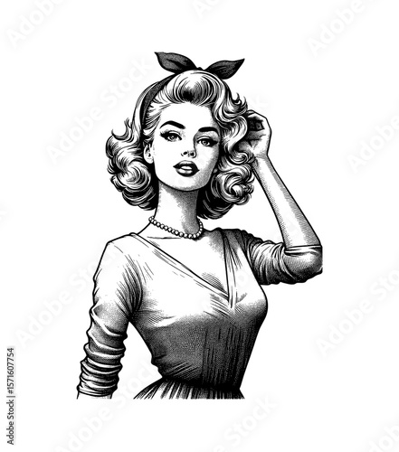 Beautiful Caucasian Woman in Pinup Style with Curly Hair Touching Head in Black and White Illustration