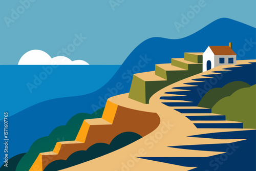 Seaside Village Path With Terraced Slopes And Ocean Background