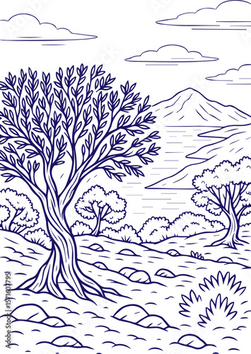 Olive tree in rocky landscape with sea and mountains in line art