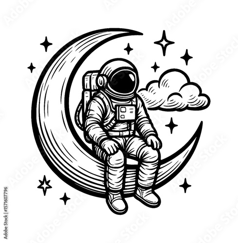 Astronaut Sitting on Crescent Moon with Cloud and Starry Sky in Black and White Illustration
