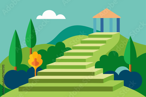 Hillside Garden Terrace Scene With Steps And Stone Path