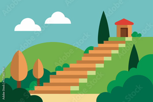 Hillside Garden Terrace Scene With Steps And Stone Path