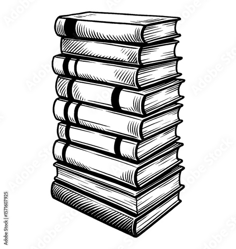 Stack of Books in Black and White Detailed Engraving Style Line Art with Shading and Thick Outline