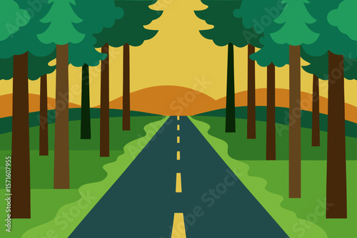 Forest Clearing With Straight Road Under Tree Canopy