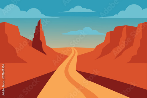 High Desert Valley With Road Between Rocky Ridges