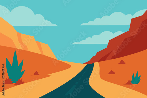 High Desert Valley With Road Between Rocky Ridges
