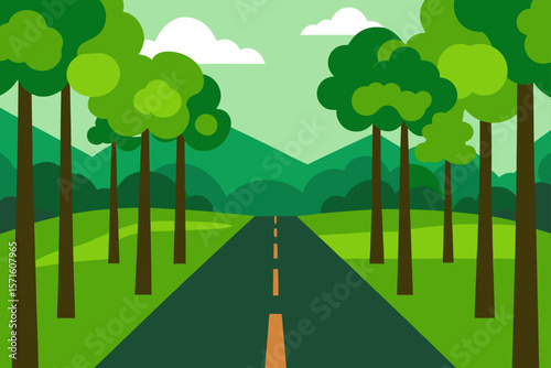 Forest Clearing With Straight Road Under Tree Canopy