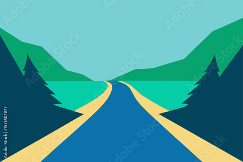 Flat Vector With Dam Road Cutting Through Valley