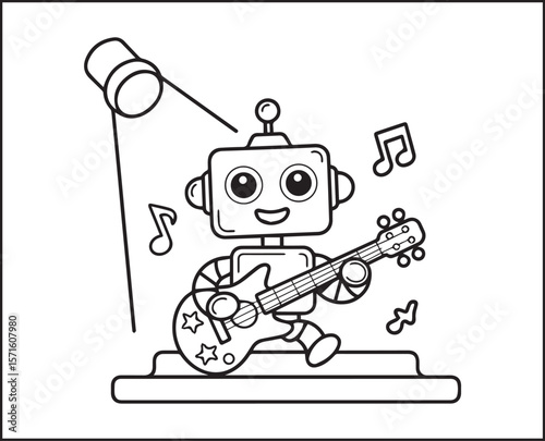 Robot coloring page for kids, cute musician robot with guitar black line art vector illustration for children coloring book design