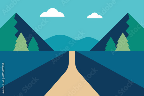 Flat Vector With Dam Road Cutting Through Valley