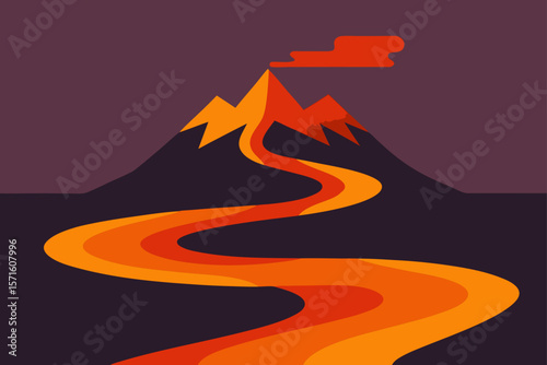 Flat Vector Of Volcano Valley With Dark Lava Flow