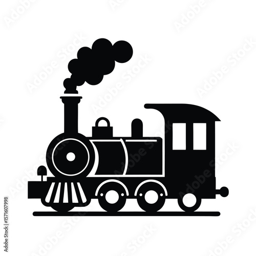 Classic Steam Locomotive Icon, Black Silhouette, Simple Design, Nostalgic Travel Mood, Vector Illustration, Transportation Graphic, Vintage Train Image, Retro Style.