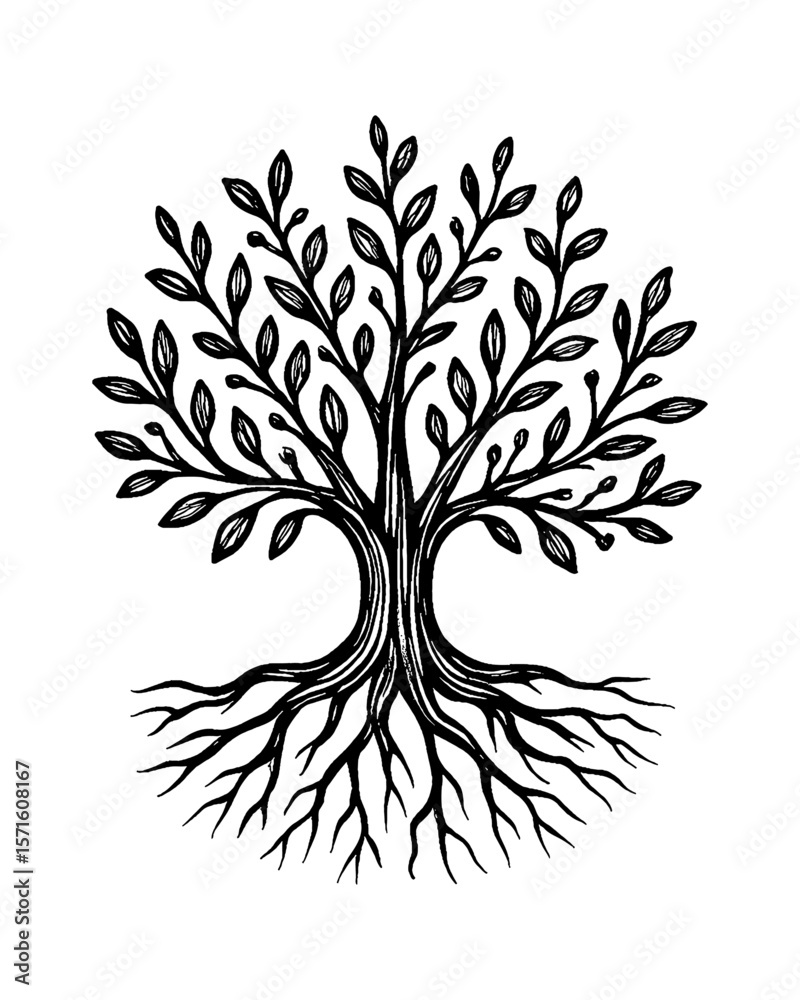 Fototapeta premium Stylized Tree with Roots and Branches in Black and White Detailed Engraving Style