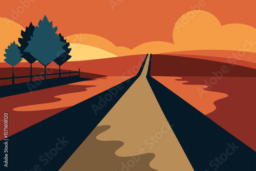 Early Morning Light Casting Long Shadows On Rural Road