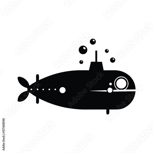 Submarine Icon, Black Silhouette, Minimalist Style, Underwater Exploration, Nautical Theme, Simple Graphic, Vector Illustration,  Ocean Depth,  Submerged Vessel,  Secretive Mission.