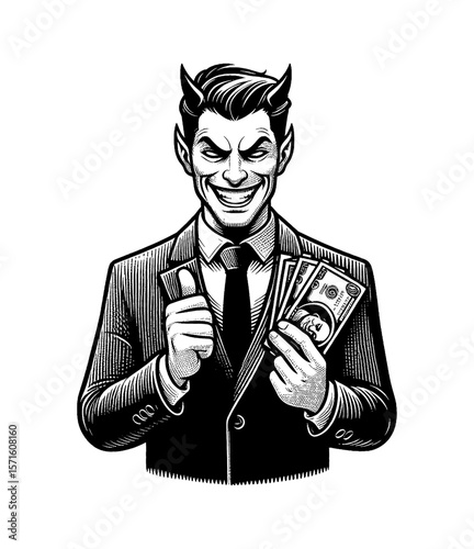Devil businessman in suit holding money and giving a thumbs up with evil smile