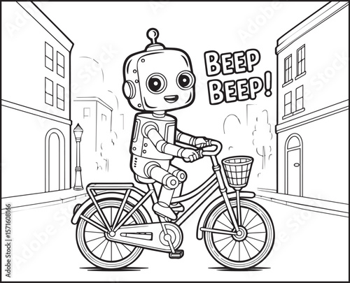 Robot coloring page for kids, cute robot riding a bicycle on city road black line art vector illustration for children coloring book design