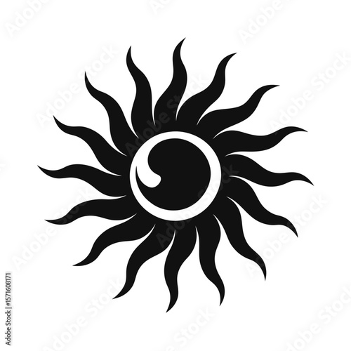 Stylized Black Sun Icon, Abstract, Tribal, Mystical, Spiritual, Energy, Power, Design Element, Vector Graphic, Isolated on White Background, Simple, Bold, Elegant.
