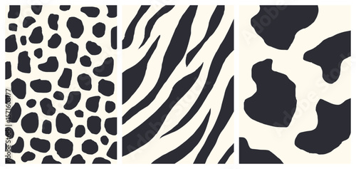 Black and White Animal Print Patterns: Leopard, Zebra, Cow in trendy hand drawn