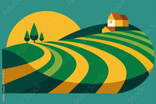 Abstract Farmland Composition With Curved Crop Patterns