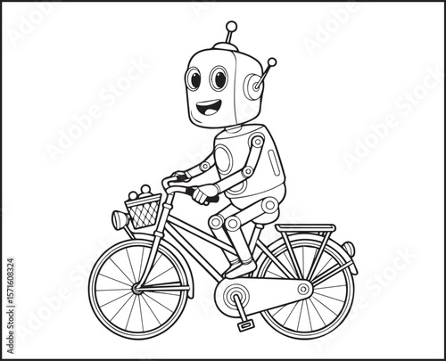Robot coloring page for kids, cute robot riding a bicycle black line art vector illustration for children coloring book design