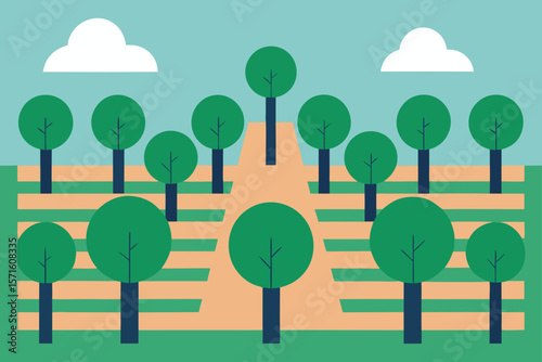 Stylized Orchard With Grid Like Rows And Pathway