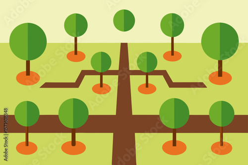 Stylized Orchard With Grid Like Rows And Pathway