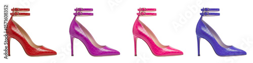 Set of isolated high heel shoes in red, pink, purple, and blue  