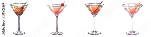 Set of isolated cocktail glasses with colorful drinks and garnishes  