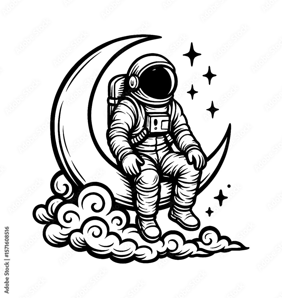 Fototapeta premium Astronaut Sitting on Crescent Moon Among Stars and Clouds in Detailed Black and White Art