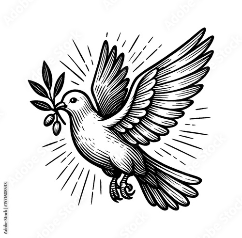 Dove Flying with Olive Branch in Engraved Style, Symbol of Peace and Hope