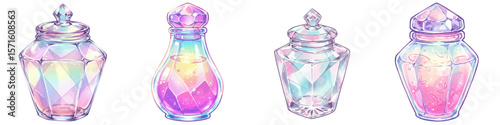 Set of isolated pastel glass jars with gem-like faceted surfaces  