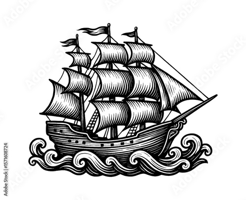 Detailed Engraved Illustration of a Sailing Ship on Wavy Water in Black and White