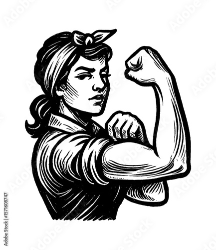 Strong Woman Flexing Bicep in Black and White Engraving Style, Determined Expression, Empowerment