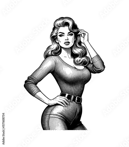 Black and white vintage pinup illustration of a Caucasian woman posing confidently
