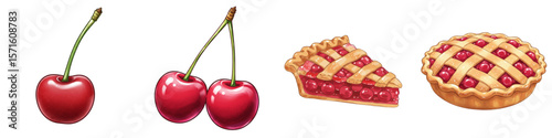 Set of isolated cherries and cherry pie illustrations  
