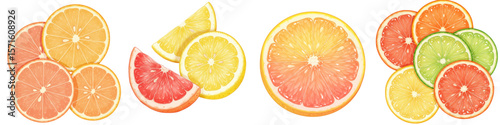 Set of isolated citrus fruit slices in vibrant colors  