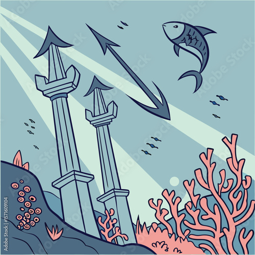 Underwater ruins with fish and coral reefs illustration vector art design scene